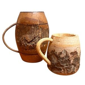 2 Carved Wood Mini Mug / Cup with Handle